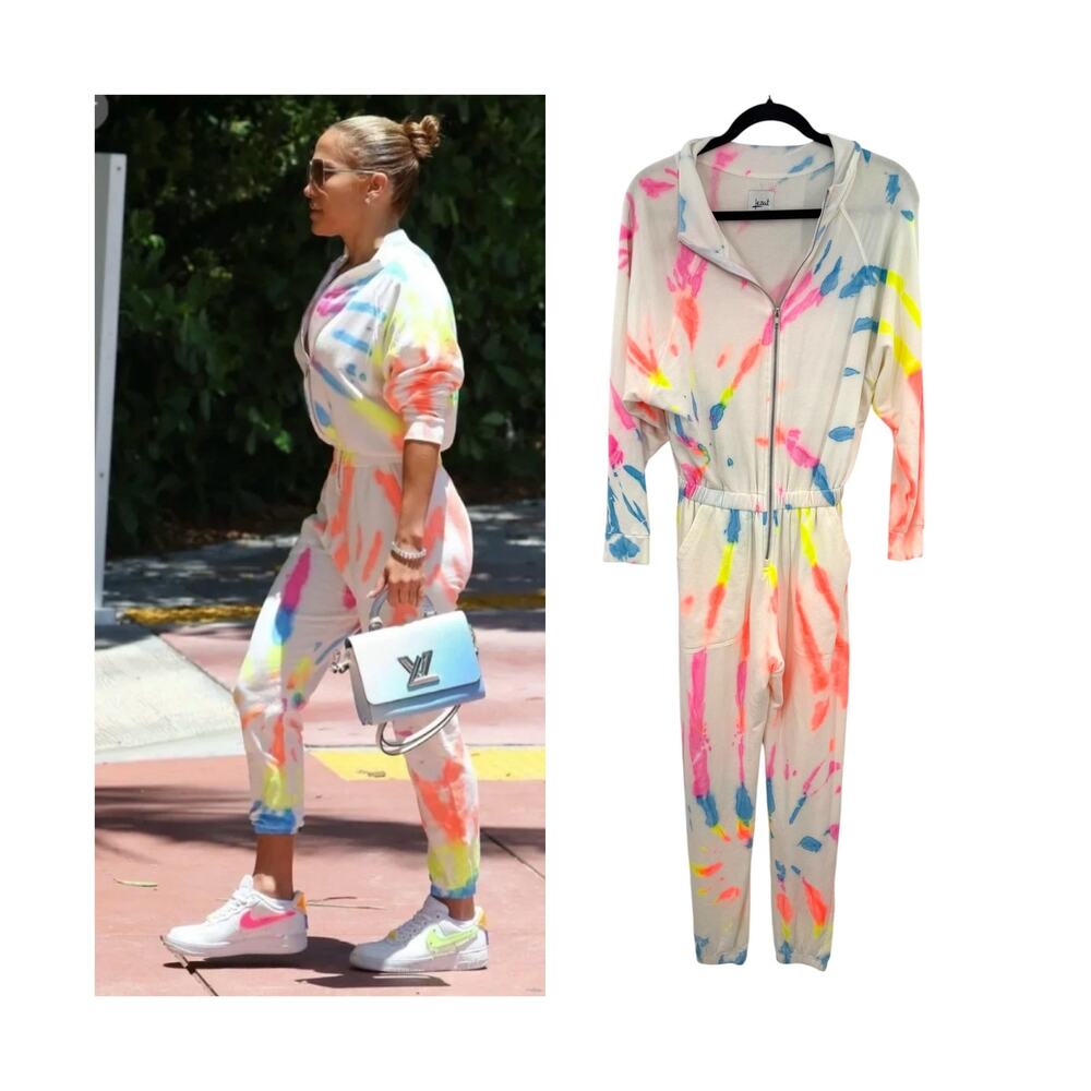Lezat Restore Soft Terry Jumpsuit Neon Tie Dye Zip Front Lounge Size Small